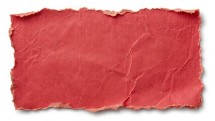 Aged red paper sticker with torn edges, revealing a distressed texture and soft pink hue