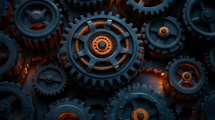 an eye-level shot of a collection of interconnected gears. The gears have intricate details and textures, creating a sense of industrial design and technology