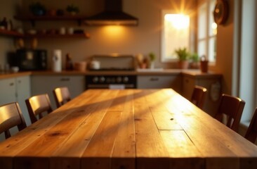 Fototapeta premium Sunlit rustic kitchen interior with wooden table and warm natural lighting