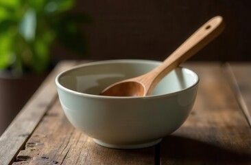 Ceramic bowl with wooden spoon on rustic wooden table