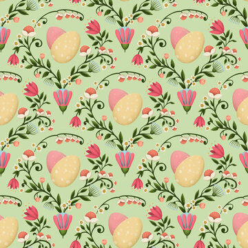 Easter seamless pattern background with spring easter elements. 