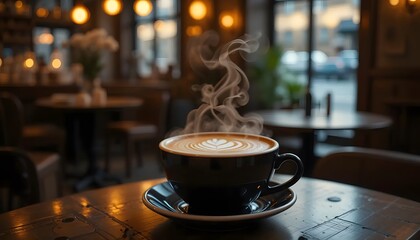 A Steaming Lattes Comforting Aroma Fills A Cozy Caf, Promising Warmth And Relaxation On A Chilly Evening, Within A Softly Lit, Rustic Setting