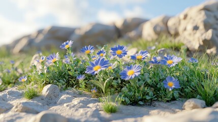 Obraz premium Blue wildflowers blooming on rocky hillside, sunny day, nature background, website design