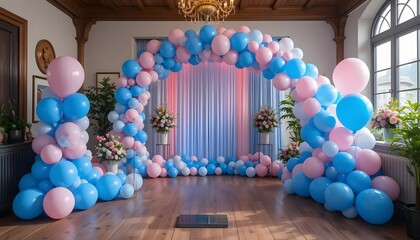 A Joyous Celebration Unfolds, Symbolized By A Magnificent Arch Of Pastel Pink And Blue Balloons, Creating A Dreamy Atmosphere In An Elegant Hall Bathed In Soft Light