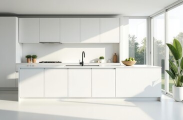 Modern minimalist white kitchen with sunlight and green plants near large windows