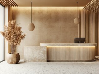 A modern elegant reception area with a stone desk