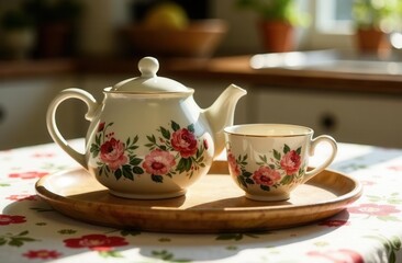 Ceramic floral teapot and cup set on sunny kitchen table