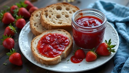 Homemade Strawberry Jam Spread Generously On Toasted Artisan Bread, A Delightful Summer Breakfast Scene With Fresh Strawberries And Warm, Inviting Lighting
