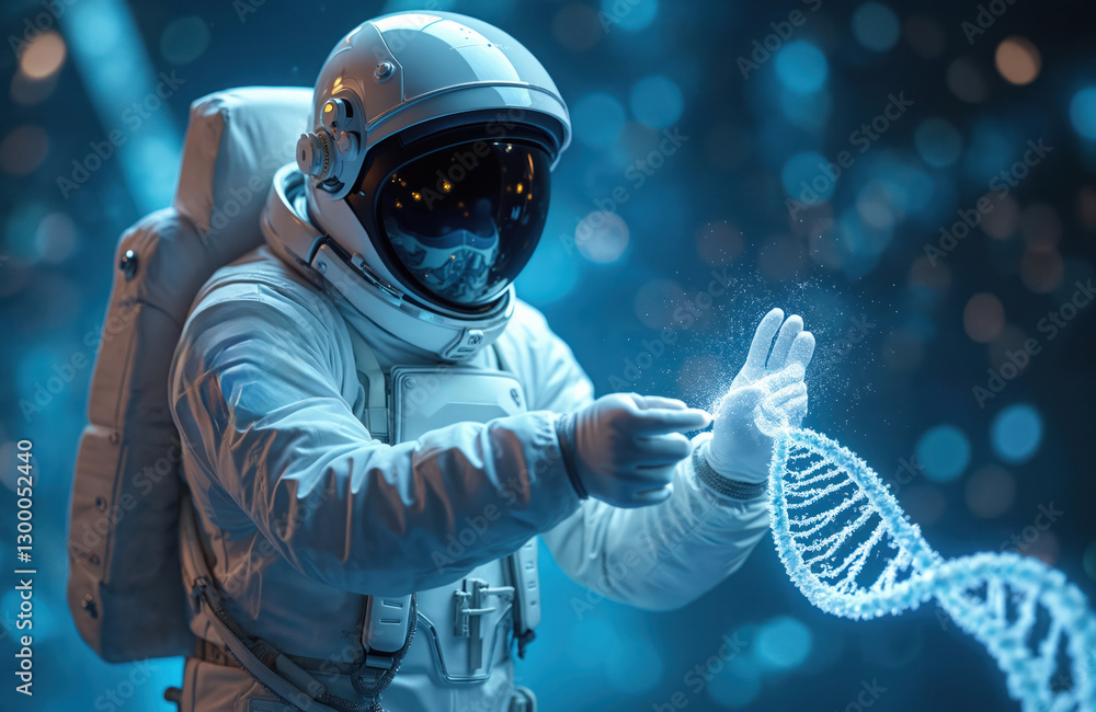 Poster astronaut in spacesuit manipulates glowing dna in nanoscale, explores nanotechnology concepts. cutti
