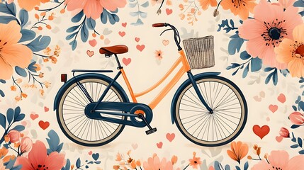 Fototapeta premium a charming illustration of a bicycle with a basket and floral background 