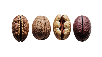 Isolated high-resolution PNG of shelled and unshelled nuts in a symmetrical layout, dramatic shadows and natural detail on black background