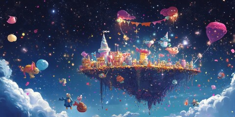 A whimsical floating city with colorful buildings and sky objects