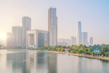 Fototapeta premium The urban architectural skyline, modern bridges, and Haihe River scenery of Tianjin, China on August 11, 2024 
