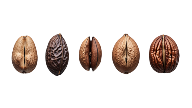 Set of four nuts in progressive shelling stages with rough shell textures and creamy nut interiors, close-up food PNG with high clarity