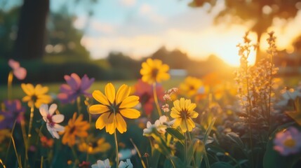 Fototapeta premium Wildflowers at Dawn by Scenic Lake in Soft Sunlight