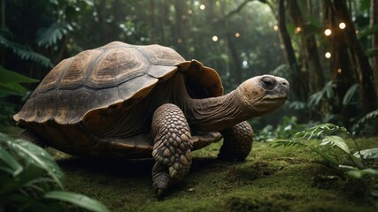 Obraz premium A tortoise moving through a lush, green forest with soft lighting.