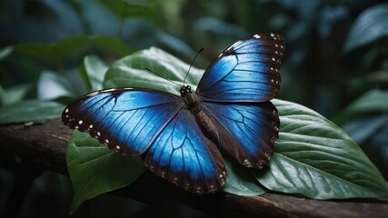 A vibrant blue butterfly resting on green leaves in a lush environment.