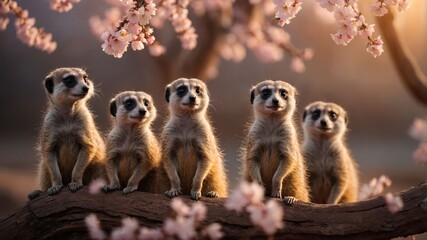 A group of meerkats sitting on a branch surrounded by blooming cherry blossoms.