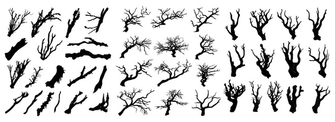 Naklejka premium Silhouette collection showing gnarled, dry tree branches with intricate details, offered on a transparent backdrop for design purposes