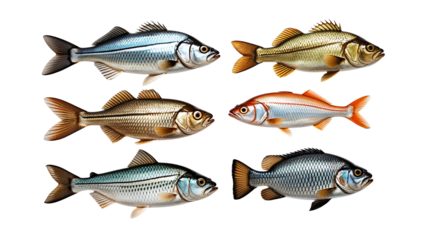 Realistic fish PNG featuring blue-silver and golden-brown species in symmetrical arrangement, natural history style on black backdrop