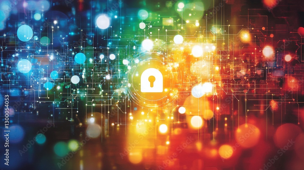 Poster enhancing security via bright digital lock icon cyber space visual design online environment digital