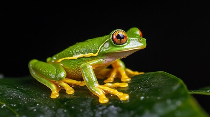 Fototapeta premium A bright green tree frog on a wet leaf nature scene close-up shot rainy environment macro photography tropical concept