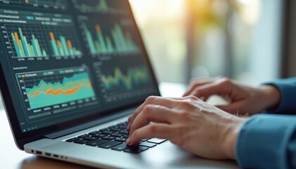 Close up of person analyzing data on laptop screen with graphs. Modern corporate business analytics, financial report, investment strategy, market research, digital paperwork. Teamwork,