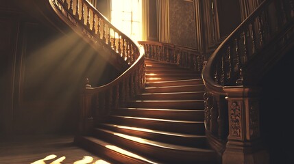 Obraz premium Elegant Wooden Staircase with Light Rays Shining Through Window