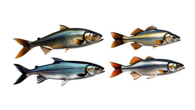 Detailed PNG of four tropical fish facing each other in a square layout, realistic rendering with shimmering scales and expressive eyes