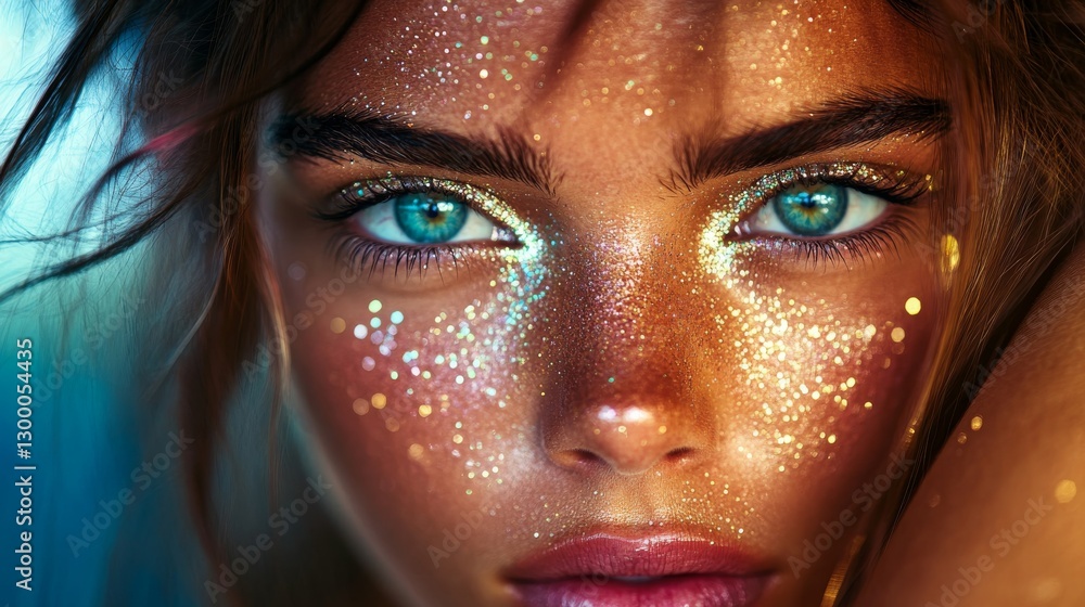 Poster silver glitter on the eyelids reflects light, adding striking texture and making a bold statement ag