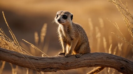 Fototapeta premium A meerkat perched on a branch in a dry, golden landscape.