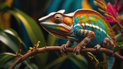 Fototapeta premium A vibrant chameleon perched on a branch amidst lush greenery and colorful flowers.