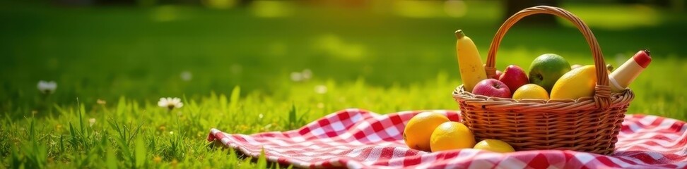 Sunny day picnic blanket, checkered cloth, food basket, straw, sun, warm