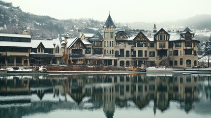 Fototapeta premium Winter Reflections of Urban Buildings by the Lake