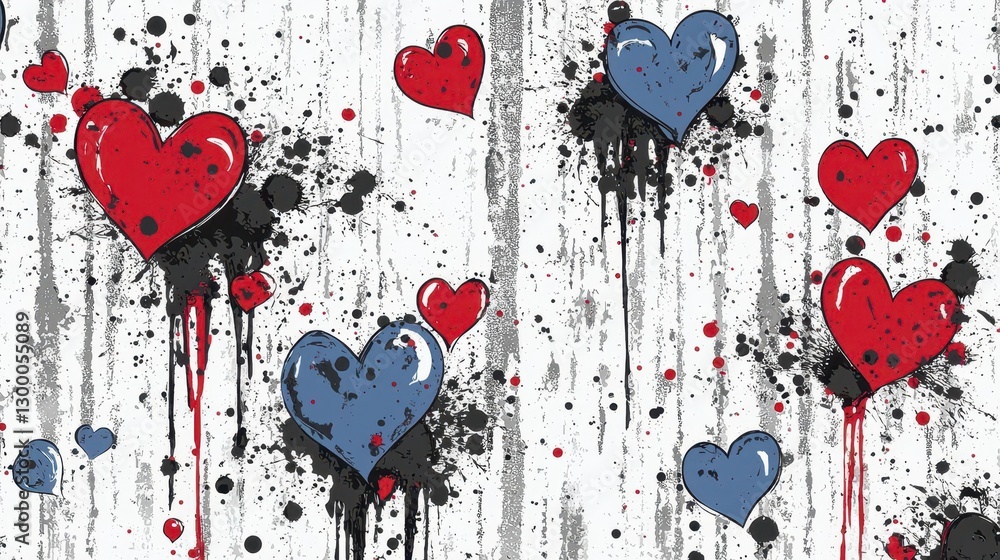 Poster red and blue hearts grunge splatter background pattern