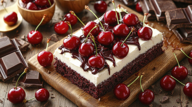 Delicious chocolate cherry cake topped with fresh cherries and chocolate drizzle