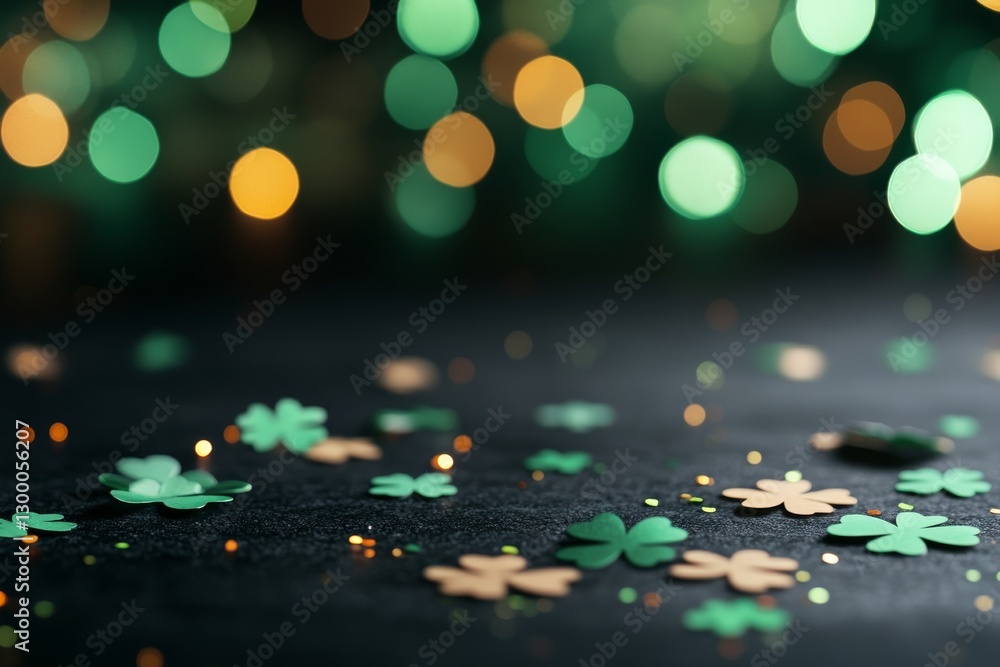 Aufkleber Close-up of clover-shaped confetti scattered on a dark surface, complemented by a soft green bokeh background, creating a festive St Patricks Day ambiance