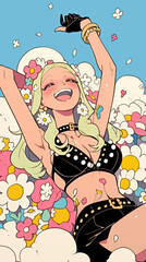 Retro comic style blonde women, starlight, hearts, flowers, blonde hair with bangles, purple or red green background on the Kawaii concept