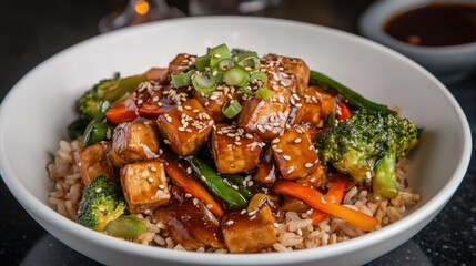 Delicious Sesame Tofu Bowl with Brown Rice and Mixed Vegetables