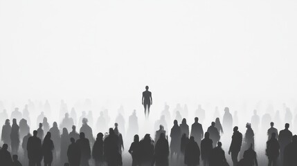 Naklejka premium Pink silhouette of couple standing in monochrome crowd of different people,surreal unique and different concept,loneliness in society,shadow,freedom,Love,be yourself,Stand out from the crowd.