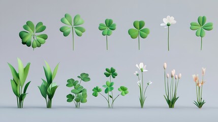 A collection of 3D rendered shamrock illustrations in various stages of growth and styles, arranged in rows along with potted plants and stones against a light, neutral background.