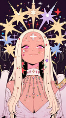 Retro comic style blonde women, starlight, hearts, flowers, blonde hair with bangles, purple or red green background on the Kawaii concept