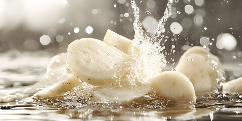 Fresh and Crunchy White Root Vegetables Sliced and Captured in a Dynamic Water Splash for a Crisp and Refreshing Aesthetic

