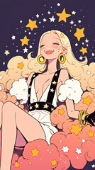 Retro comic style blonde women, starlight, hearts, flowers, blonde hair with bangles, purple or red green background on the Kawaii concept
