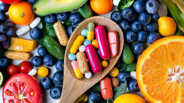 Wooden Spoon with Multivitamins Surrounded by Fruits and Vegetables