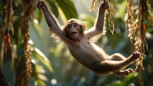 A playful monkey swinging joyfully among lush greenery.
