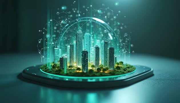 Miniature future city on green moss hill. Digital technology web connections. Concept of modern buildings in ecological environment and sustainable development, clean energy, ESG.