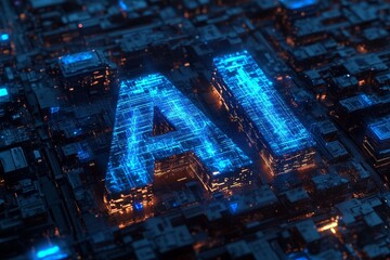 Obraz premium Futuristic 3D rendering of 'AI' letters created from glowing neon circuits. Float in a high-tech data center filled with holographic interfaces.