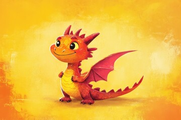 A cute and friendly cartoon dragon with small wings smiles warmly