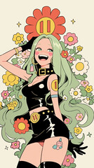 Retro comic style blonde women, starlight, hearts, flowers, blonde hair with bangles, purple or red green background on the Kawaii concept